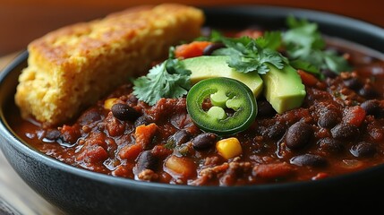 Hearty black bean chili topped with sliced jalapeÃ±os, avocado, and fresh cilantro, served in a deep bowl with a side of cornbread