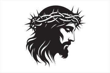 Minimalist Black Silhouette of Jesus Christ with Crown of Thorns  Clean Line Art 50.eps