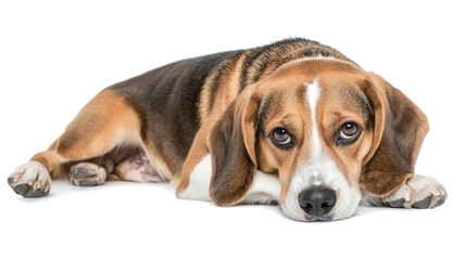 A beagle dog lying down, looking relaxed and attentive.