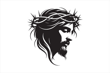 Minimalist Black Silhouette of Jesus Christ with Crown of Thorns  Clean Line Art 49.eps