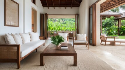 Elegant room with folding doors showcasing a stunning garden and summer terrace, exuding luxury and tranquility.