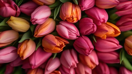 A detailed close-up capturing a vibrant mix of tulips in full bloom, showcasing the wide range of colors and delicate textures of this stunning floral arrangement.