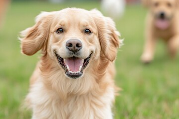 Close-up of a Labrador dog running happily in the meadow.