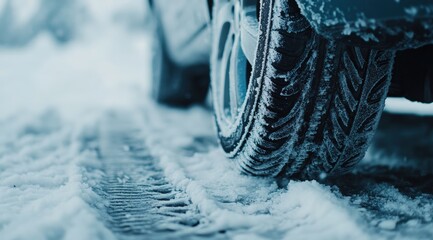 Closeup of ice car tire on road, winter tread pattern leaving tracks in snow, vehicle wheel showcasing safety and traction challenges in frozen driving conditions