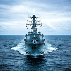 A Russian navy frigate, docked at a port, sails into the ocean