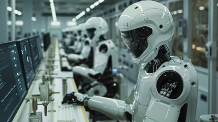 Humanoid robots working diligently on computers in a modern high-tech facility during daytime