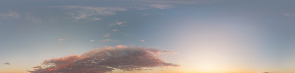 360 panorama of glowing sunset sky with bright pink Cirrus clouds. HDR 360 seamless spherical panorama. Full zenith or sky dome sky replacement for aerial drone panoramas. Climate and weather change.