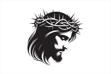 Fototapeta premium Minimalist Black Silhouette of Jesus Christ with Crown of Thorns Clean Line Art 56.eps