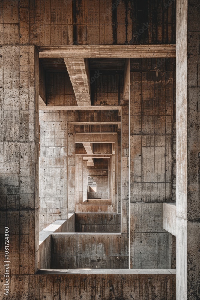 Poster intricate concrete architecture showcases symmetry and depth in an abandoned structure during daylig