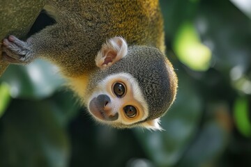Obraz premium A close-up of a playful monkey hanging upside down among lush greenery.