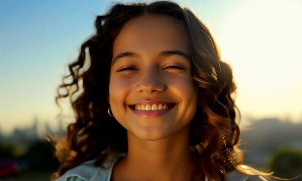 Close up portrait of a young girl with curly hair smiling brightly at sunset.