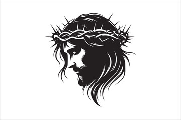 Minimalist Black Silhouette of Jesus Christ with Crown of Thorns  Clean Line Art 61.eps