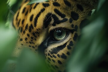 Close-up of a jaguar's eye partially obscured by green leaves, showcasing its striking features.