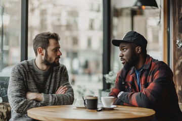 Two friends having a tense discussion at a café, showing disappointment and conflict.