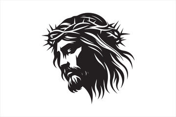 Minimalist Black Silhouette of Jesus Christ with Crown of Thorns  Clean Line Art 64.eps