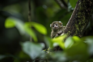 A small monkey perched on a tree branch amidst lush green foliage.