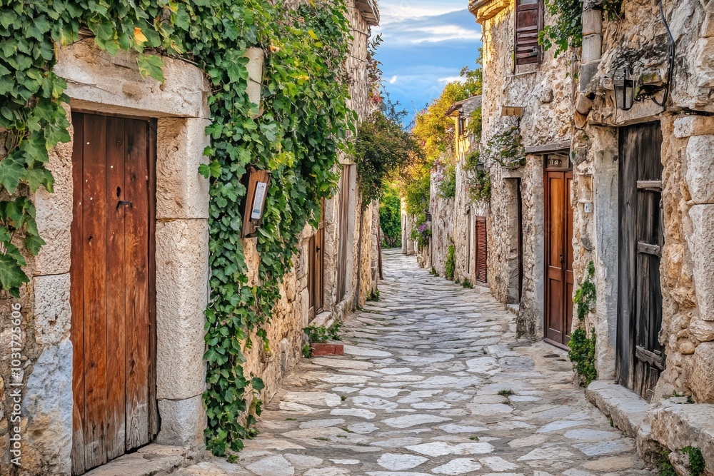 Canvas Prints A charming cobblestone alleyway lined with stone buildings and lush greenery.