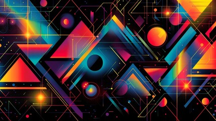 Vibrant geometric patterns featuring colorful triangles and circles in a futuristic design on a black background