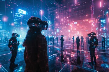 People in futuristic VR headsets experience an immersive digital environment with vibrant lights at a tech event in the evening