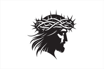 Minimalist Black Silhouette of Jesus Christ with Crown of Thorns  Clean Line Art 66.eps