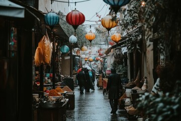 Naklejka premium A vibrant market street adorned with colorful lanterns on a rainy day.