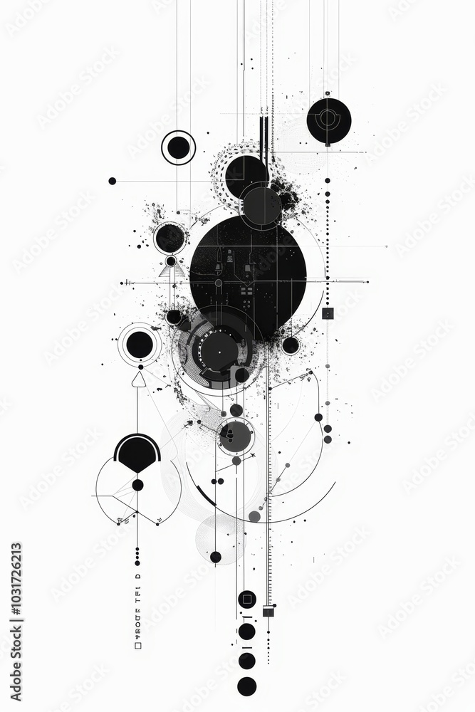 Poster abstract black and white geometric artwork featuring circles and lines, showcasing depth and complex
