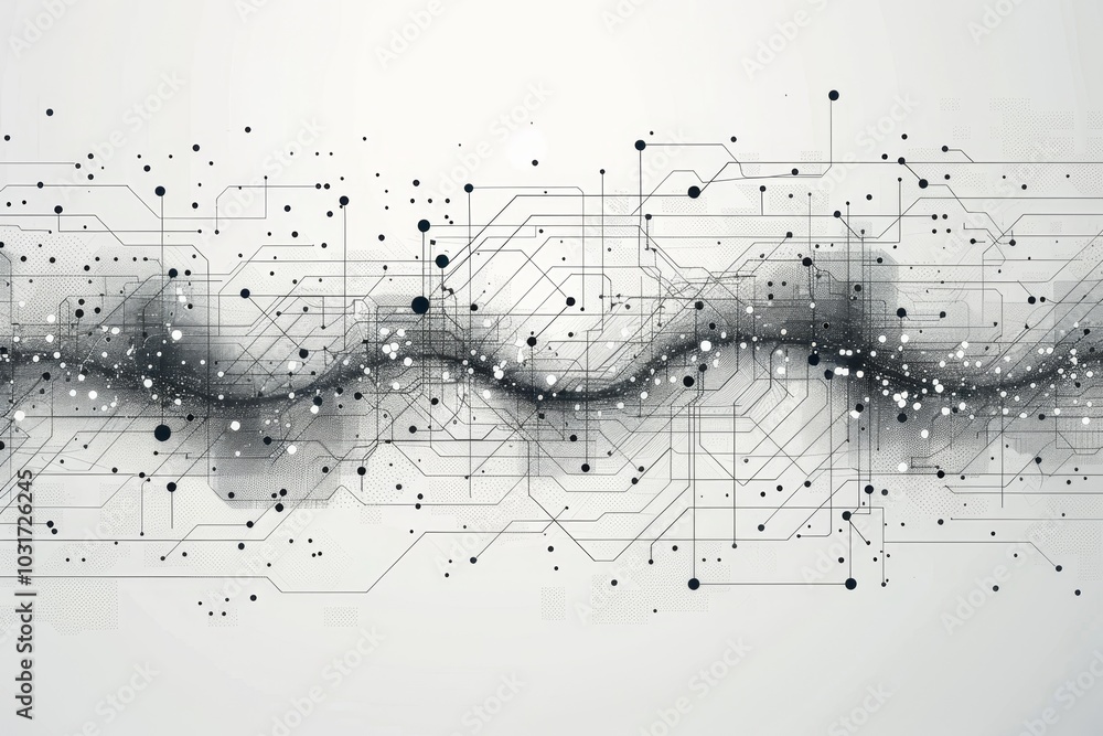 Poster abstract illustration of a digital circuit with varying nodes and lines, showcasing technology and i