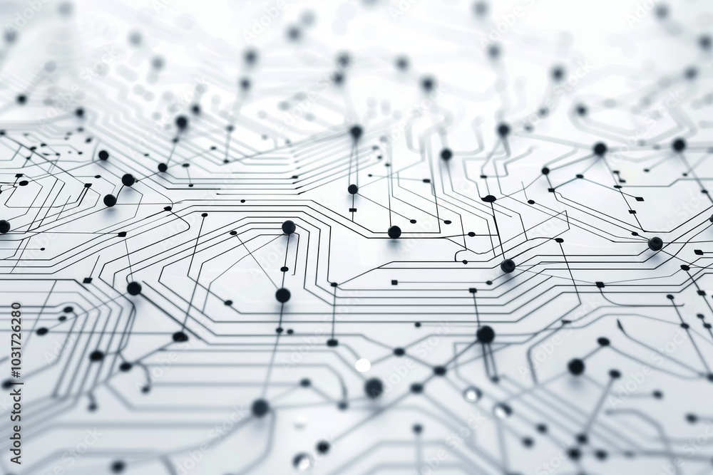 Poster abstract close-up of a circuit board design showcasing intricate lines and black nodes under soft li