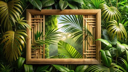 Fototapeta premium Tropical Bamboo Frame with Leaves Cutout for Nature Inspired Decor