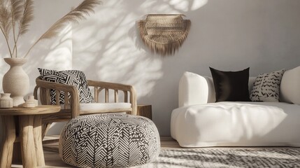 A minimalistic living area with tribal details