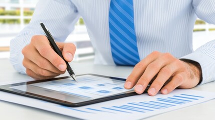 Businessman analyzing financial data and charts on digital tablet in modern office