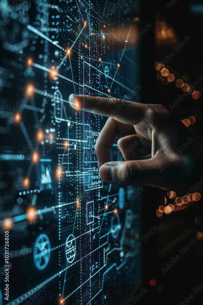 Poster a person interacting with a digital touchscreen display showcasing data connectivity and technology 