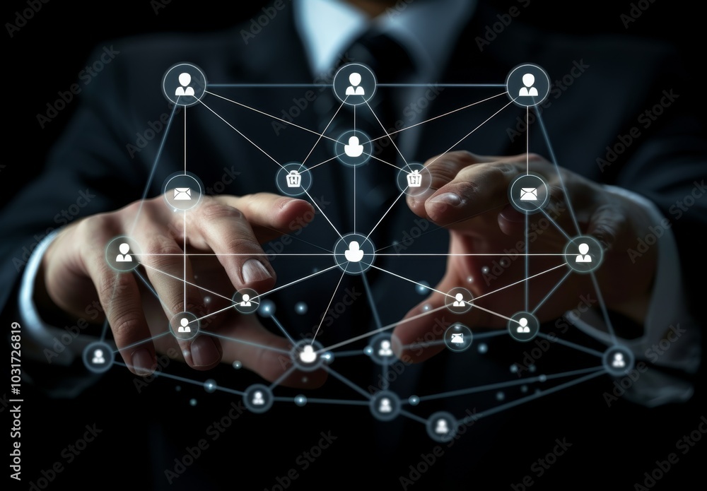 Poster business professional interacting with digital network interface in a dark environment showcasing mo