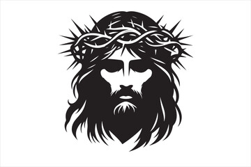 Minimalist Black Silhouette of Jesus Christ with Crown of Thorns  Clean Line Art 74.eps