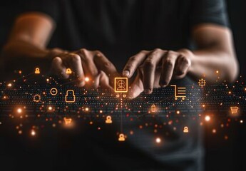 A person interacts with digital security icons and e-commerce symbols to symbolize online transactions and cybersecurity in a modern setting