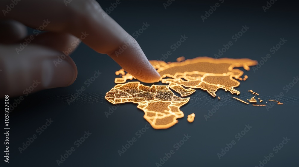 Aufkleber glowing world map with hand touching global interaction technology concept