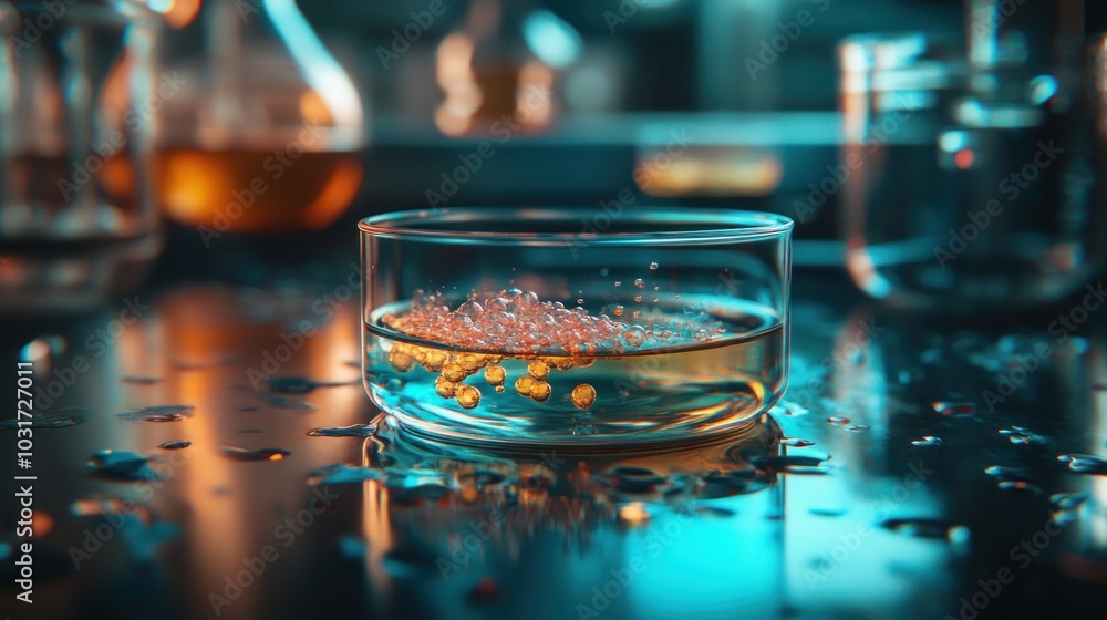 Poster glass beaker with liquid and bubbles in a laboratory setting