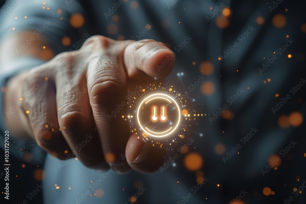 Poster a person pressing a glowing pause button against a blurred background in a digital art context