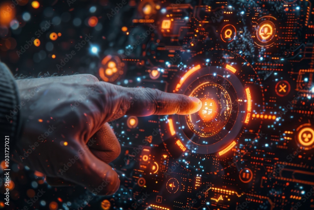 Poster a human hand interacting with a futuristic digital interface filled with glowing icons and data patt