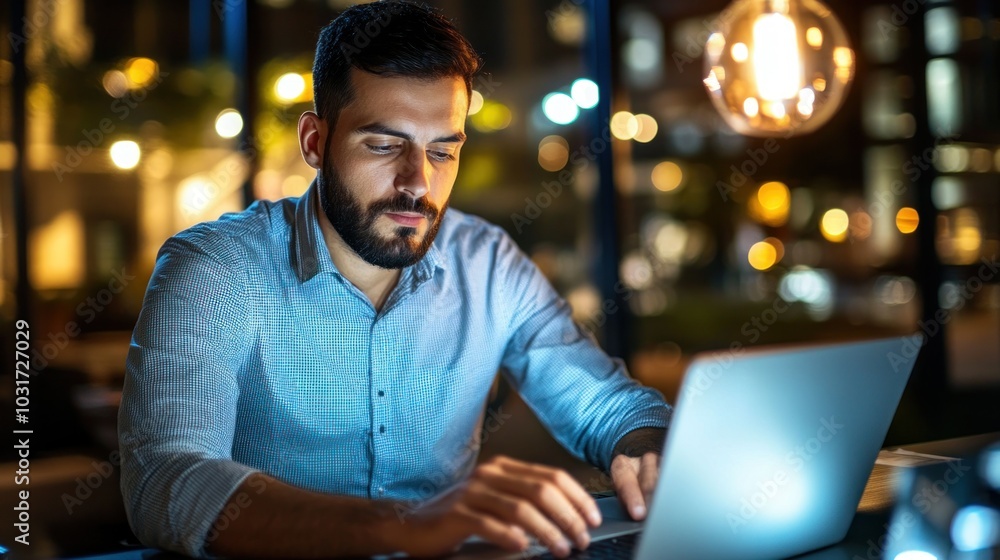 Poster bearded man using laptop in nighttime setting