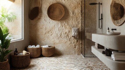 A modern bathroom with tribal touches
