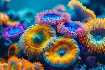 Vibrant coral polyps in a marine aquarium showcasing a colorful underwater ecosystem