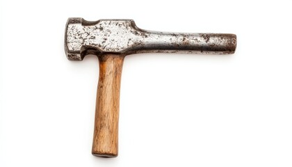 A metal hammerhead with a wooden handle, slightly worn and scratched, isolated on white