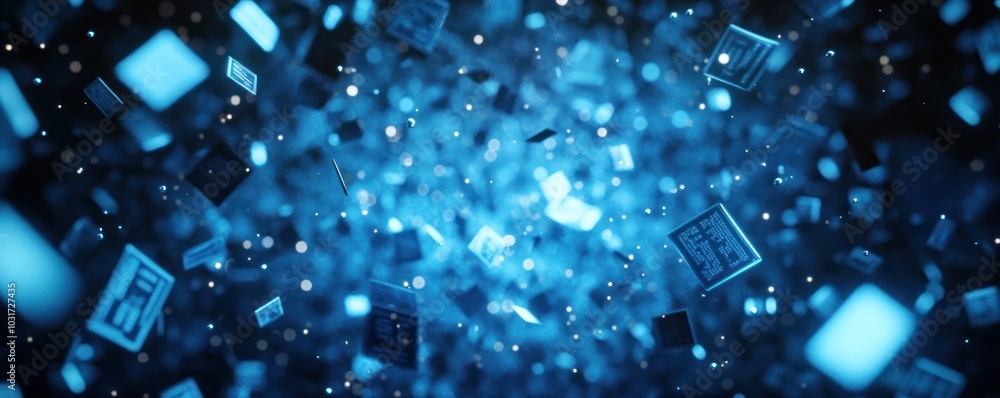 Aufkleber futuristic digital data stream with floating cubes in a blue cybernetic space