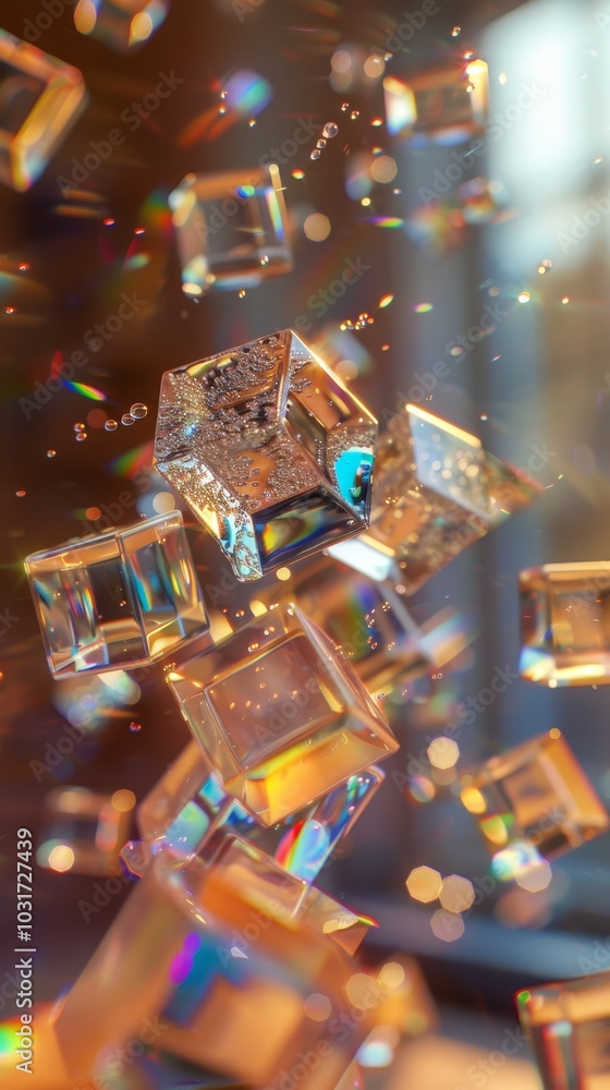 Poster floating glass cubes illuminated by sunlight create a vibrant array of colors, adding beauty to a se