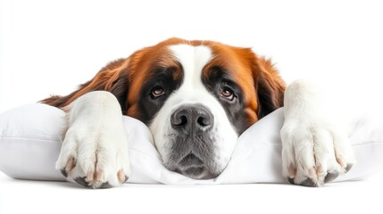 Obraz premium A Saint Bernard dog resting its head on a soft pillow, looking contemplative.