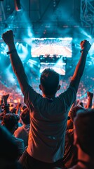 Enthusiastic fan celebrating a victory at a live sports event under vibrant lights in an energetic atmosphere