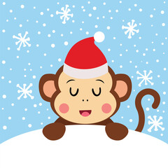 Christmas card with cute monkey in the snow