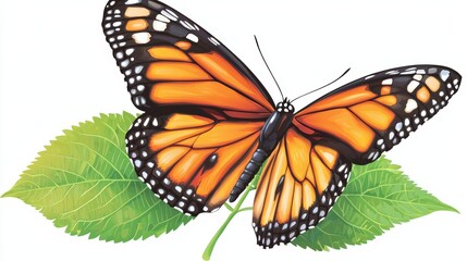 Obraz premium A monarch butterfly with detailed orange and black wing patterns, gently perched on a leaf, isolated on white