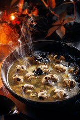 Halloween mushroom soup with mushroom champignon skulls in a ceramic bowl on a dark background, close up view, Idea for halloween food